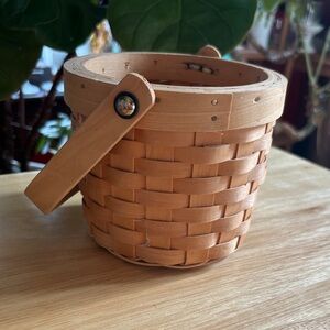 Vintage Handwoven Round Wood Slat Basket with Swing Handle